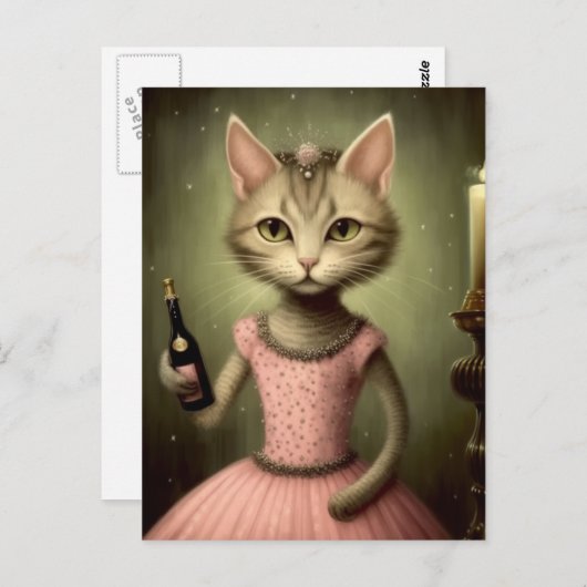 Schattige kat in roze met champagnefles briefkaart (Voorkant / Achterkant)