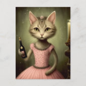 Schattige kat in roze met champagnefles briefkaart (Voorkant)