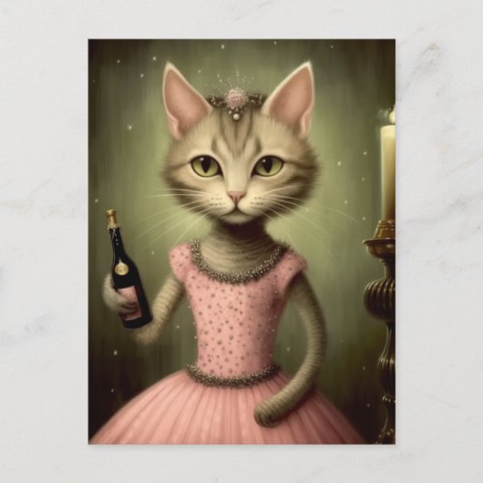 Schattige kat in roze met champagnefles briefkaart (Voorkant)