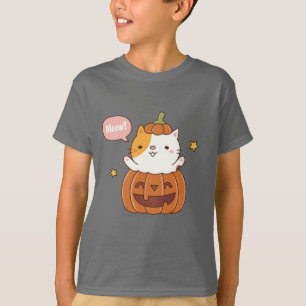 Schattige kat in uitgeholde pompoen Gelukkig Hallo T-shirt