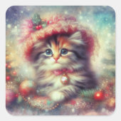 Schattige Kat in Vintage Kerstmuts Vierkante Sticker (Voorkant)