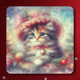 Schattige Kat in Vintage Kerstmuts Vierkante Sticker
