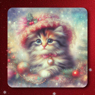 Schattige Kat in Vintage Kerstmuts Vierkante Sticker