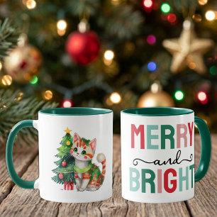 Schattige kat kerst vrolijk en fel mok