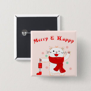 Schattige Kat Kerstmis & Gelukkig Schattige Kers Vierkante Button 5,1 Cm