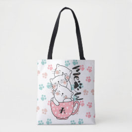 Schattige Kat Kittens Katten in Roze Beker Monogra Tote Bag