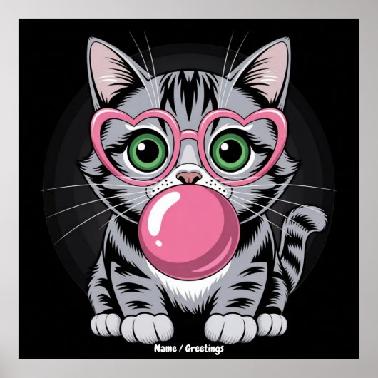 Schattige Kat Kitty Eet Kauwgom en Maakt een Grapp Poster (Voorkant)