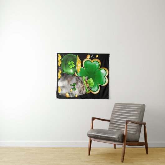 Schattige Kat Klaver Ierse Heilige St. Patrick Dag Wandkleed (In Situ (horizontaal))