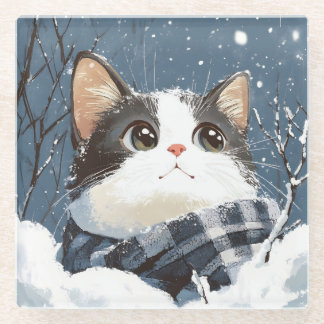 Schattige kat knus winter sneeuw glazen onderzetter