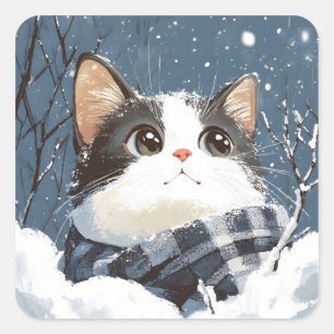 Schattige kat knus winter sneeuw vierkante sticker
