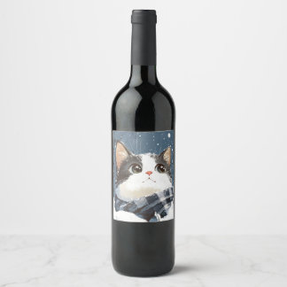 Schattige kat knus winter sneeuw wijn etiket