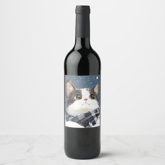 Schattige kat knus winter sneeuw wijn etiket (Voorkant)
