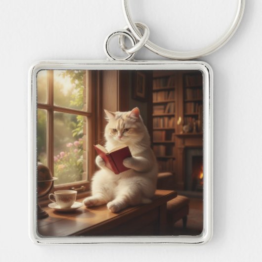 Schattige Kat Leest Sleutelhanger (Voorkant)