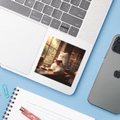 Schattige Kat Leest Sticker (Laptop met iPhone)