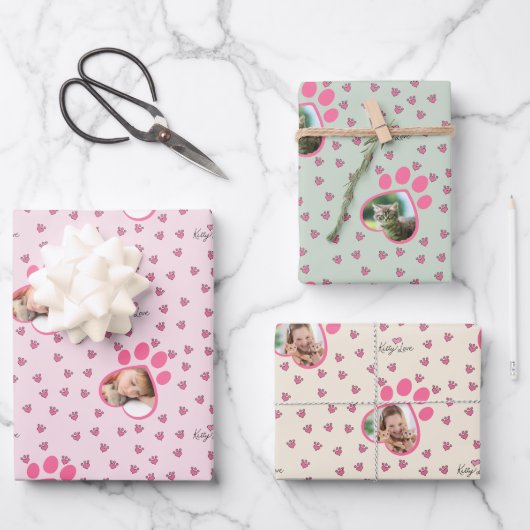 Schattige Kat Liefde Drie Custom Cat Foto's Inpakpapier Vel (Voorkant)