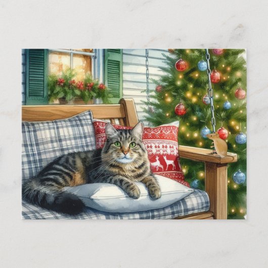 Schattige kat ligt bij kerstboom vakantie ansichtk briefkaart (Voorkant)