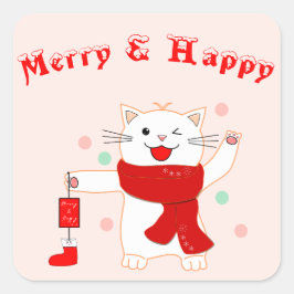 Schattige Kat Merry & Happy | Schattige Kerst Stic Vierkante Sticker