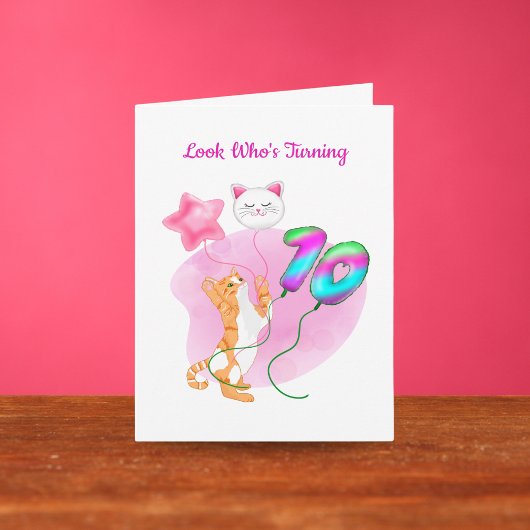 Schattige kat met 10e verjaardag ballonnen kaart