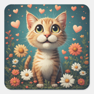 Schattige kat met bloemen harten en vrolijke blik  vierkante sticker