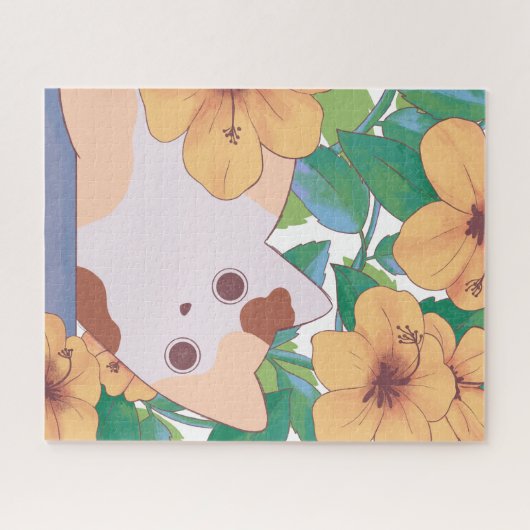 Schattige kat met bloemen legpuzzel (Horizontaal)