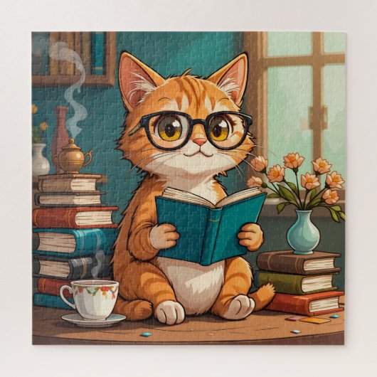 Schattige kat met bril die een boek leest legpuzzel (Verticaal)