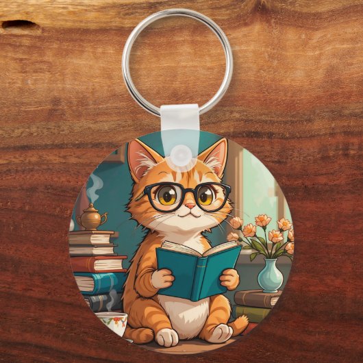 Schattige kat met bril die een boek leest sleutelhanger (Achterkant)