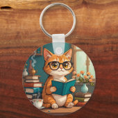 Schattige kat met bril die een boek leest sleutelhanger (Voorkant)