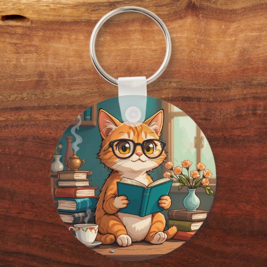 Schattige kat met bril die een boek leest sleutelhanger (Voorkant)