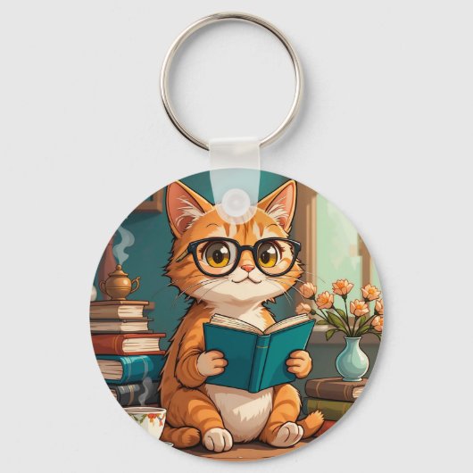 Schattige kat met bril die een boek leest sleutelhanger (Achterkant)
