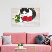 Schattige kat met de rode roos canvas afdruk (Insitu (Woonkamer))