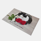 Schattige kat met de rode roos deurmat (Schuin)