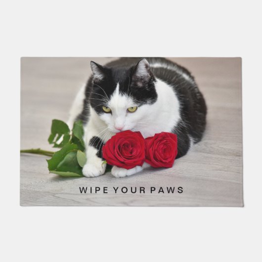 Schattige kat met de rode roos deurmat (Voorkant)