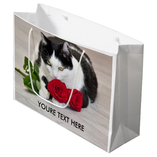 Schattige kat met de rode roos groot cadeauzakje (Voorkant Gekanteld)