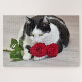 Schattige kat met de rode roos legpuzzel