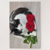 Schattige kat met de rode roos legpuzzel (Verticaal)