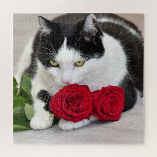 Schattige kat met de rode roos legpuzzel (Horizontaal)