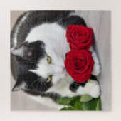 Schattige kat met de rode roos legpuzzel (Verticaal)