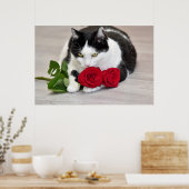 Schattige kat met de rode roos poster (Keuken)