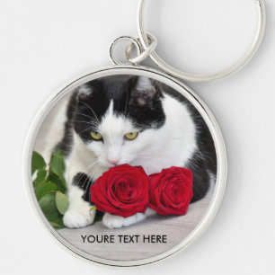 Schattige kat met de rode roos sleutelhanger
