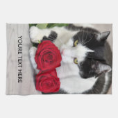 Schattige kat met de rode roos theedoek (Horizontaal)