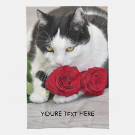 Schattige kat met de rode roos theedoek