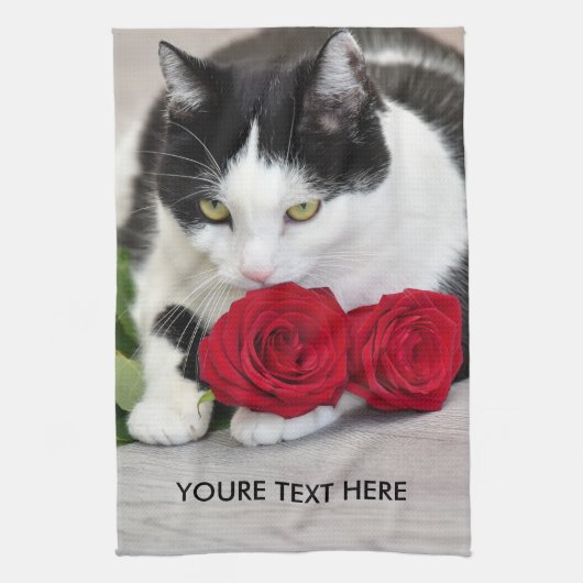 Schattige kat met de rode roos theedoek (Verticaal)