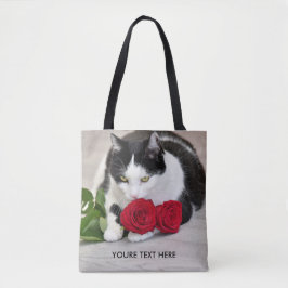Schattige kat met de rode roos tote bag