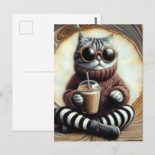 Schattige kat met Drink Briefkaart (Voorkant / Achterkant)