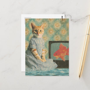 Schattige Kat Met Goudvis op TV Retro Collage Briefkaart