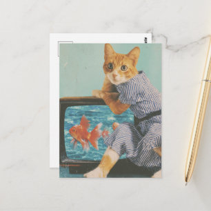 Schattige kat met goudvis op tv retro collage briefkaart