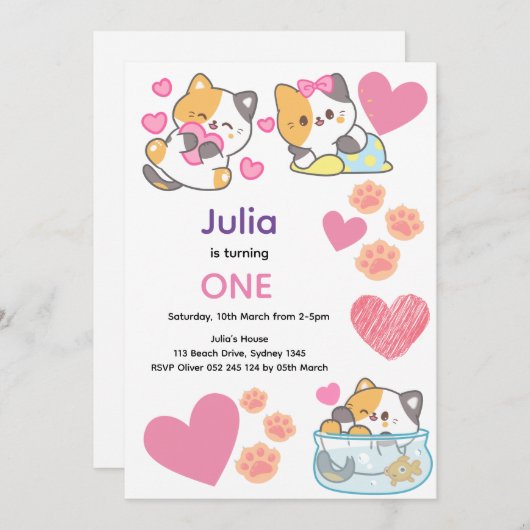 Schattige kat met harten baby meisje verjaardag kaart (Voorkant / Achterkant)