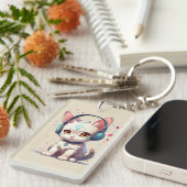 Schattige Kat met Hoofdtelefoon Charm Sleutelhanger (Voorkant Rechts)