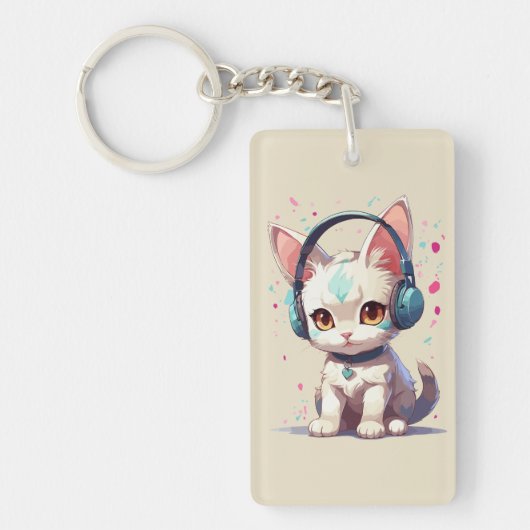 Schattige Kat met Hoofdtelefoon Charm Sleutelhanger (Voorkant)