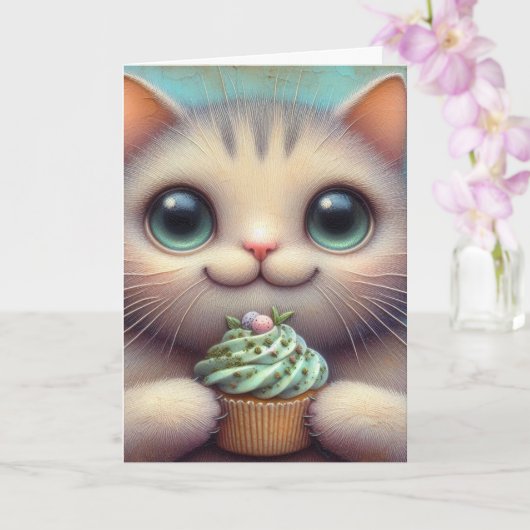 Schattige Kat met Katnip Cupcake Alle Gelegenheden Kaart (Orchidee)
